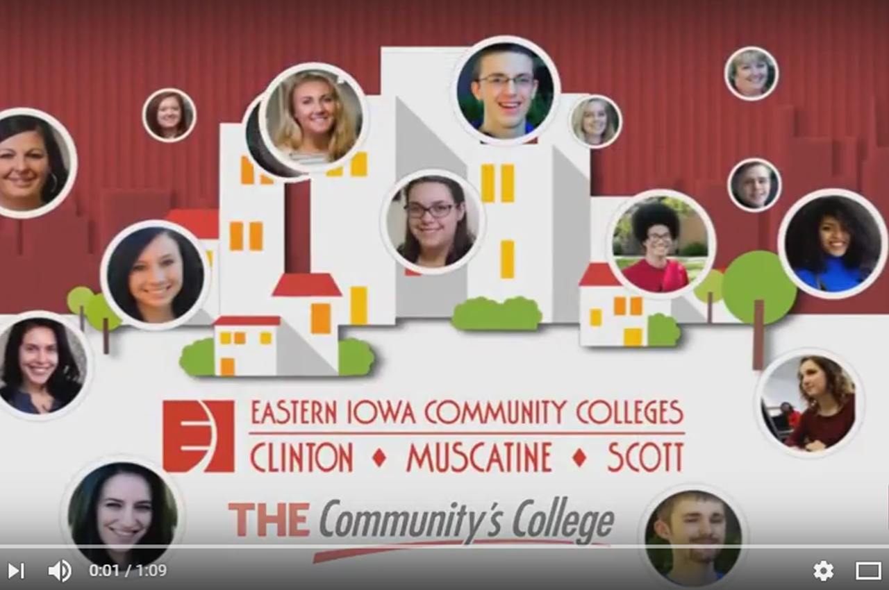 Screenshot of Youtube video, student faces, building graphic, EICC and The Commuinty's College logos